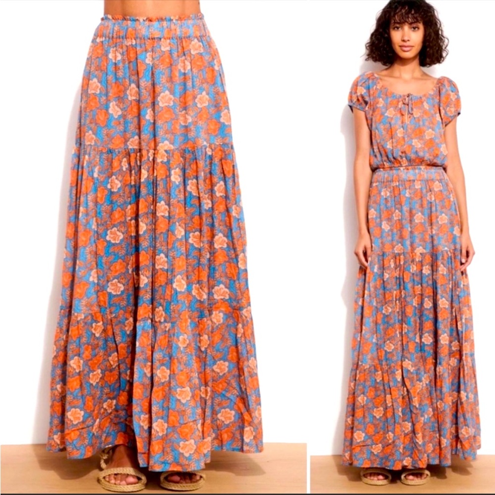 Sundry Floral Tiered Maxi Skirt in Blue and Orange Cotton.